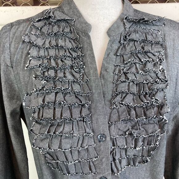Gray Button-Up Dress w/ ruffled front yoke button down w/ matching belt& pockets - Picture 2 of 11